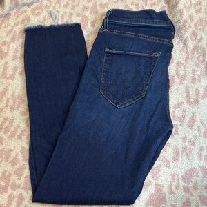 MOTHER Dark Blue Skinny Jeans with Raw Hem